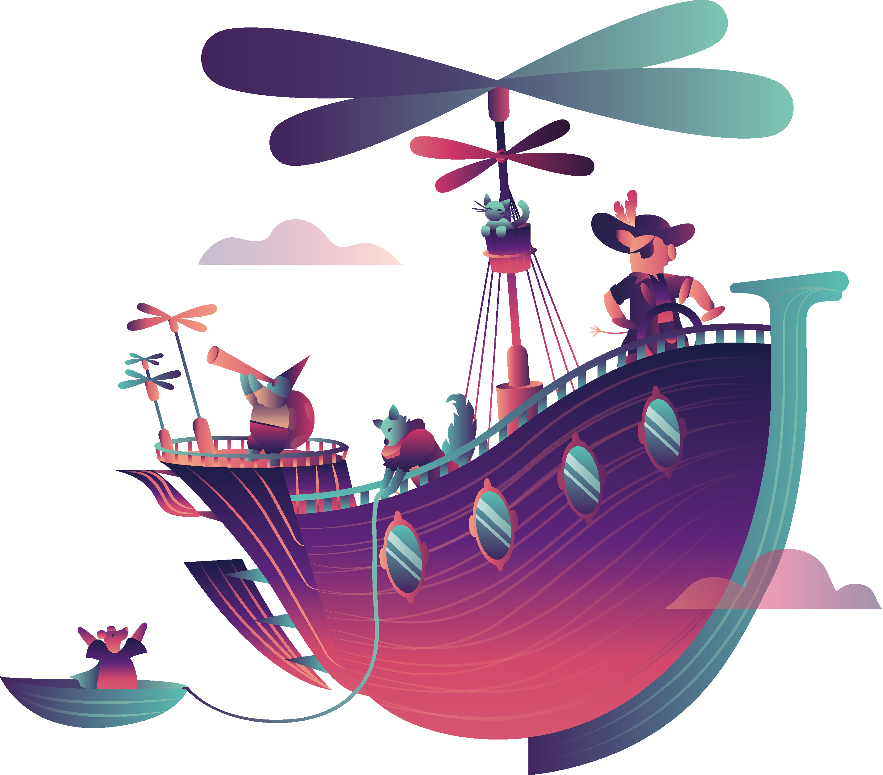 des personnages sont dans un bateau qui représente la collaboration