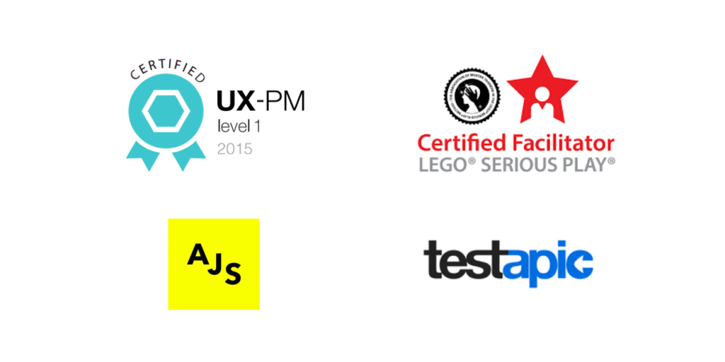 certifications UX-PM, LEGO SERIOUS PLAY, Design Sprint AJ&Smart et Testapic