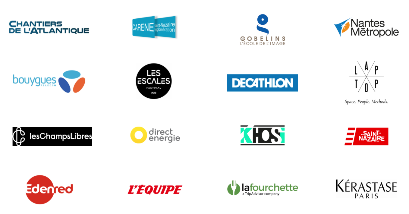 logos de chantiers de l'atlantique, carene, école des gobelins, nantes métropole, bouygues telecom, les escales, décathlon, le laptop, les champs libres, direct énergie, khosi, ville de saint-nazaire, edenred, l'équipe, la fourchette, kérastase